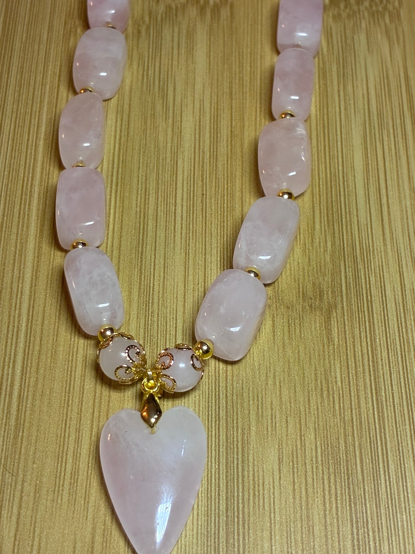 Rose Quartz Chunky Nugget & 18k Gold Necklace with Heart Charm