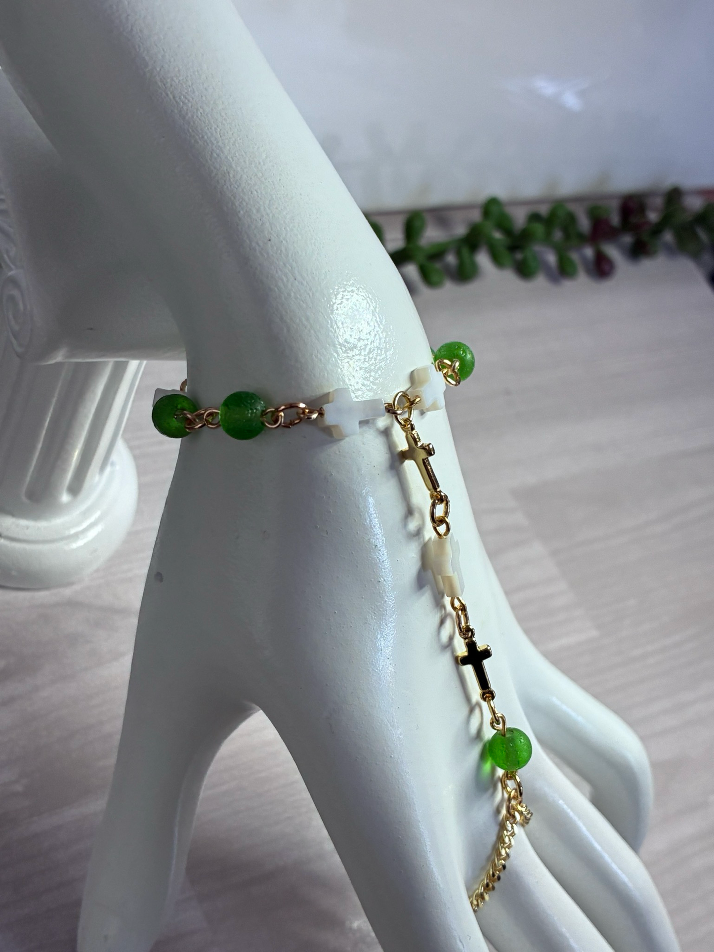 Moldavite cross wristlet