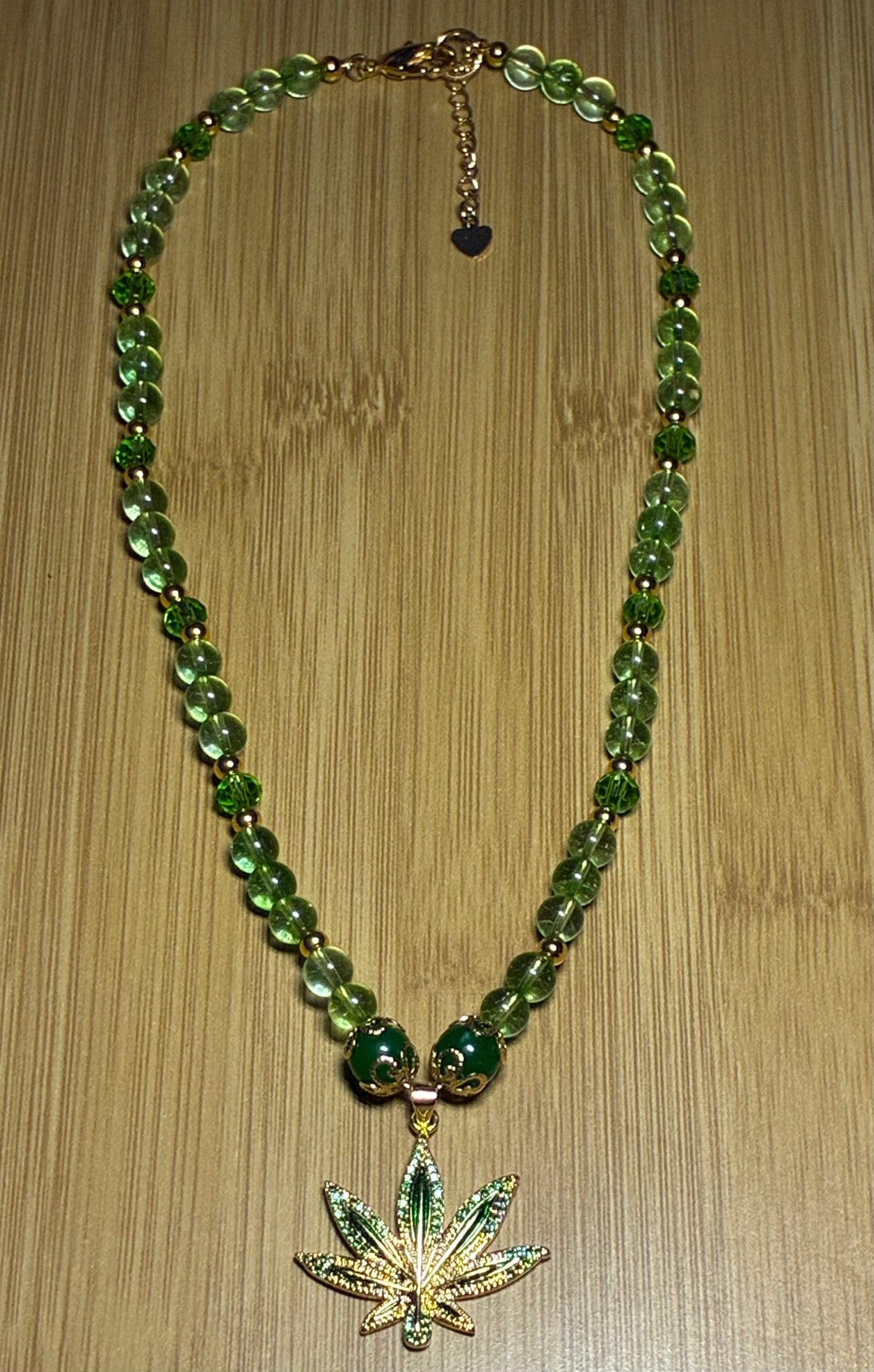 Cosmic Mary Jane - Green Quartz & Jade Cannabis Necklace