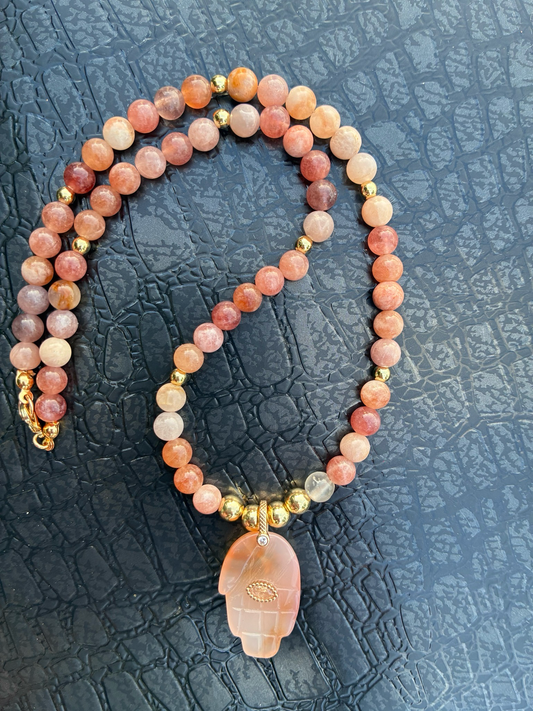 Sunstone Carved Hamsa Amulet Necklace