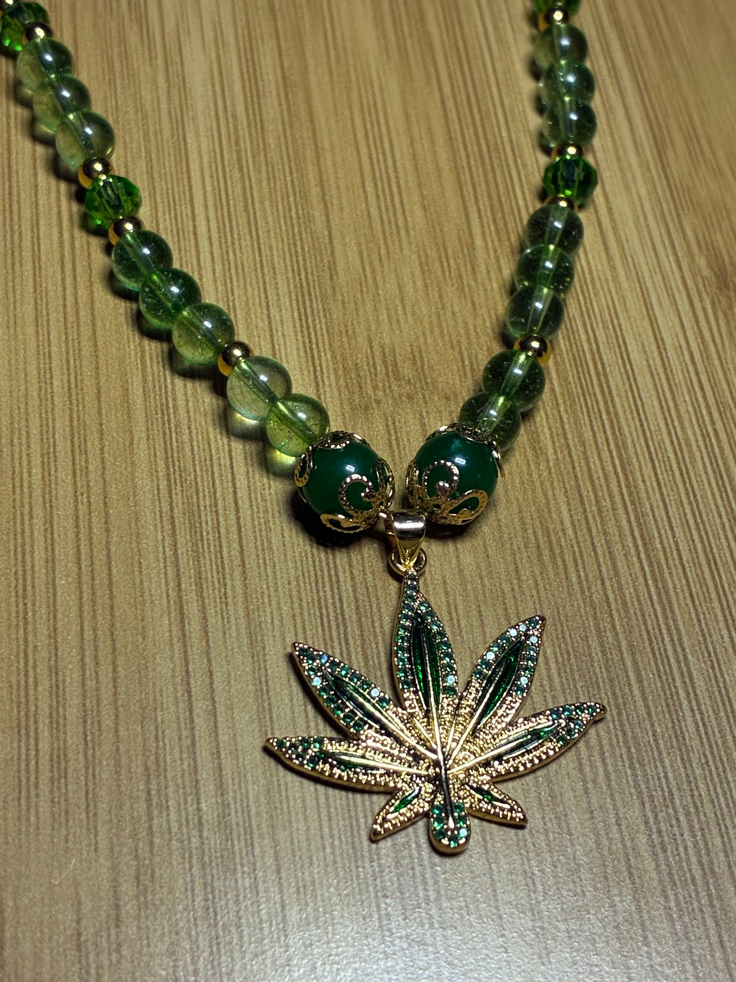 Cosmic Mary Jane - Green Quartz & Jade Cannabis Necklace