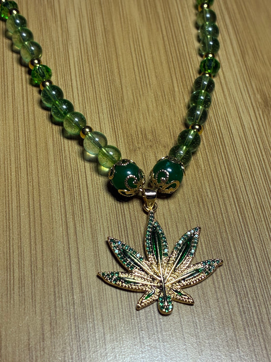 Cosmic Mary Jane - Green Quartz & Jade Cannabis Necklace
