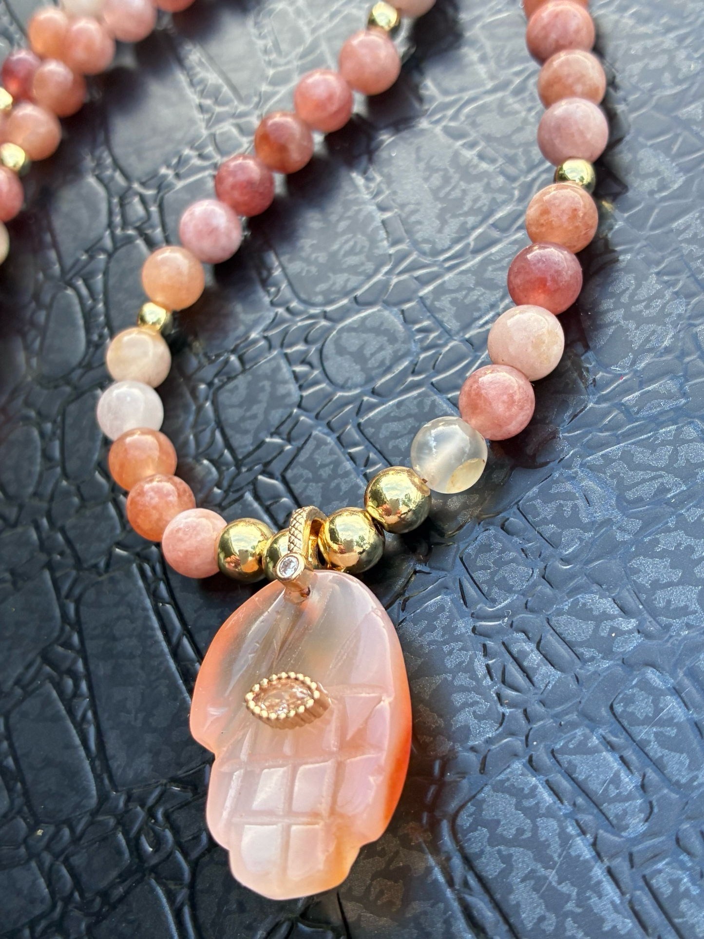 Sunstone Carved Hamsa Amulet Necklace