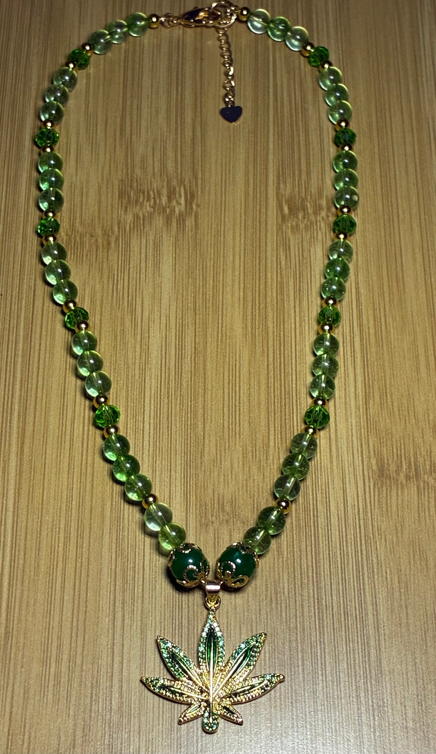 Cosmic Mary Jane - Green Quartz & Jade Cannabis Necklace