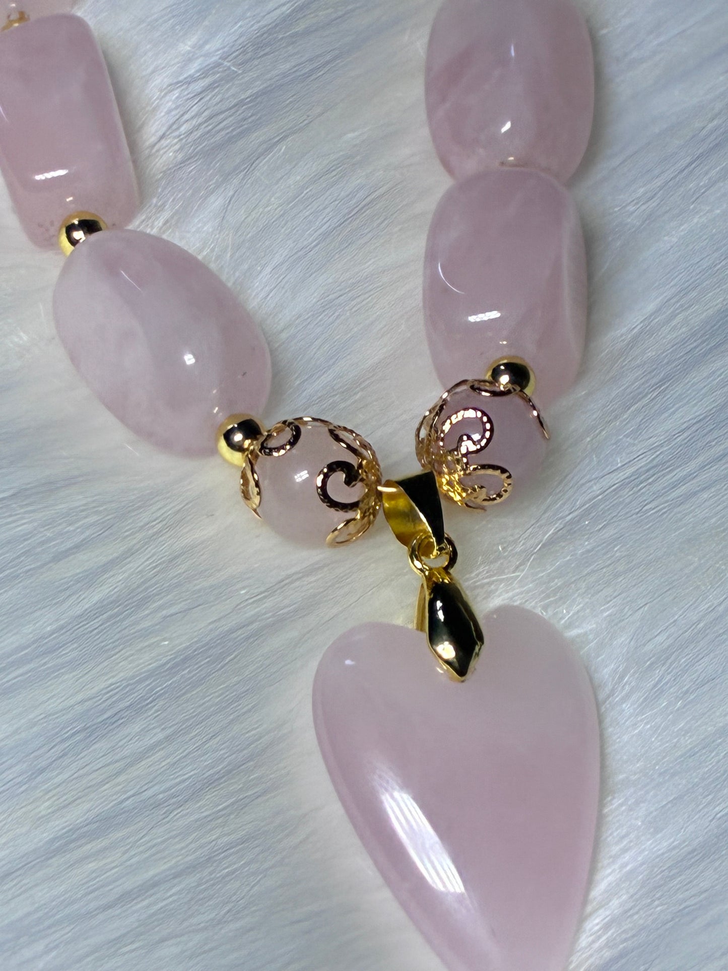 Rose Quartz Chunky Nugget & 18k Gold Necklace with Heart Charm