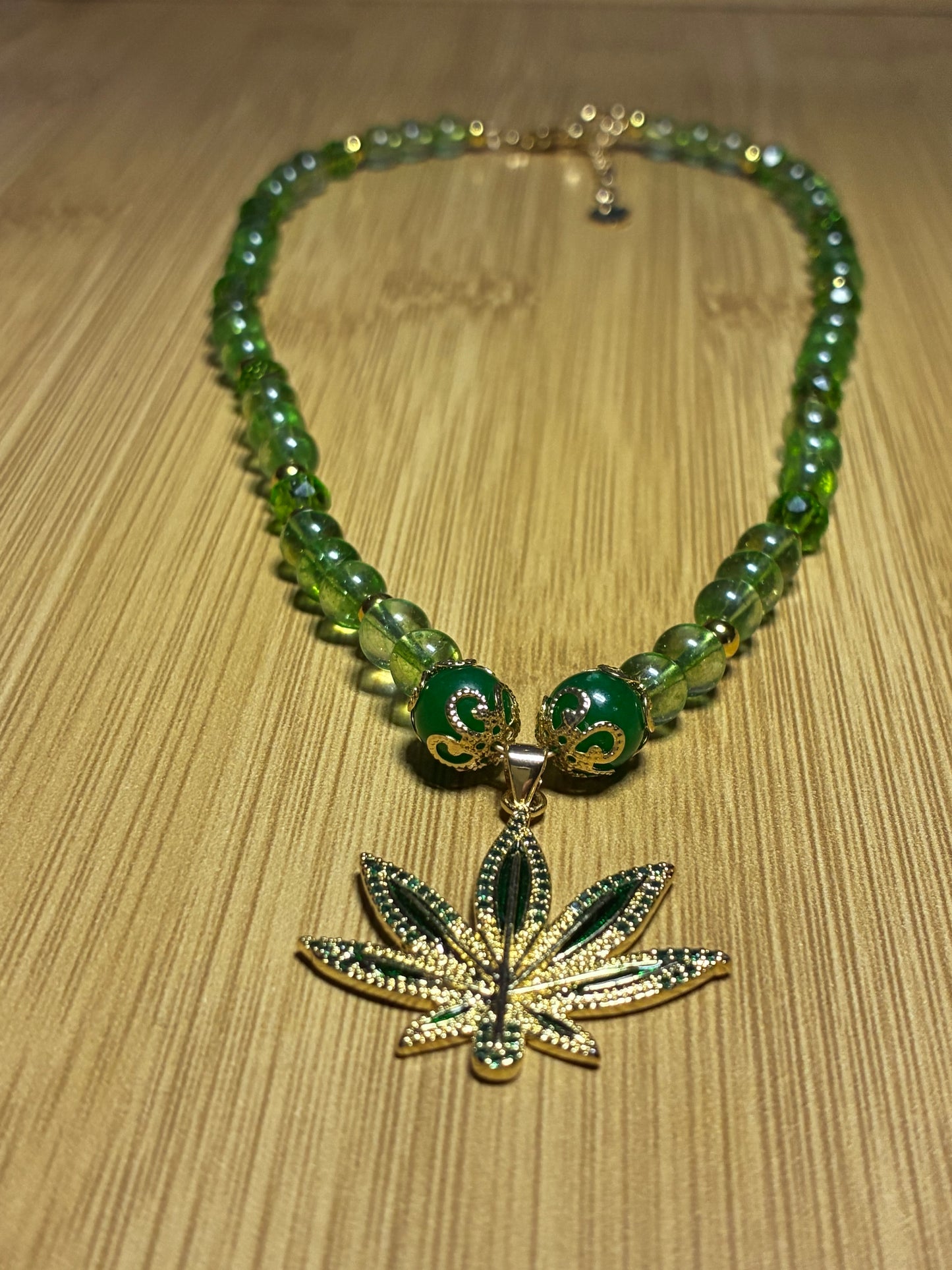 Cosmic Mary Jane - Green Quartz & Jade Cannabis Necklace