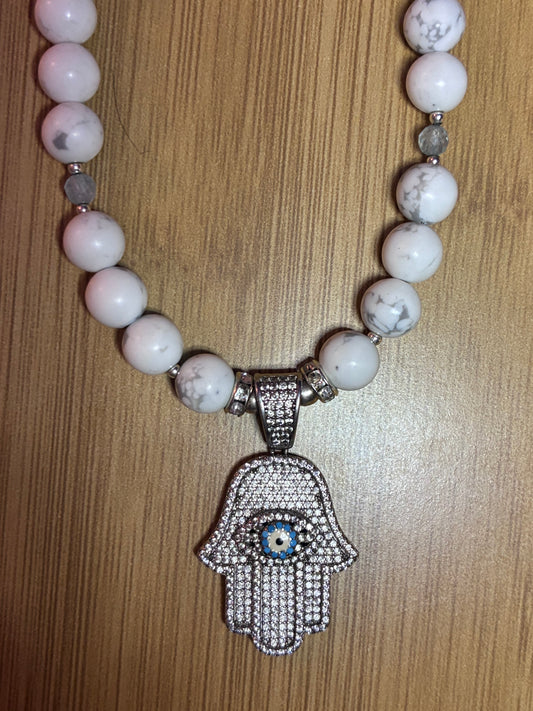 Howlite Hamsa Amulet Necklace - Sterling Silver