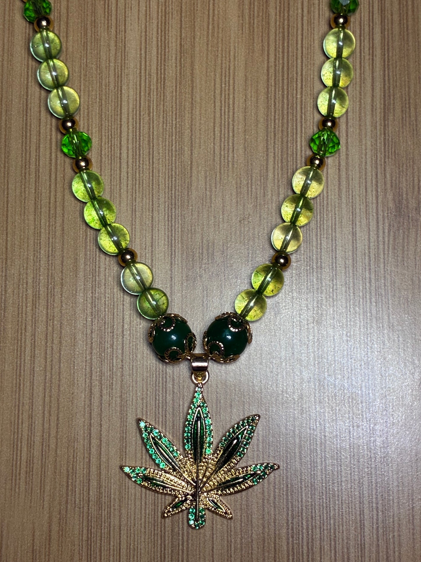 Cosmic Mary Jane - Green Quartz & Jade Cannabis Necklace