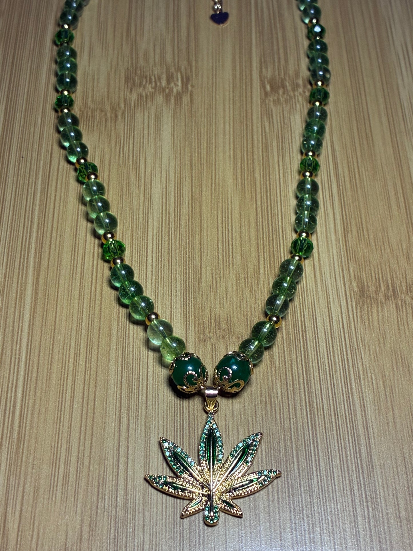 Cosmic Mary Jane - Green Quartz & Jade Cannabis Necklace