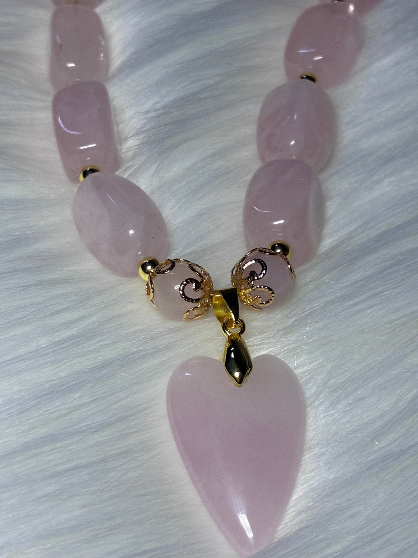 Rose Quartz Chunky Nugget & 18k Gold Necklace with Heart Charm