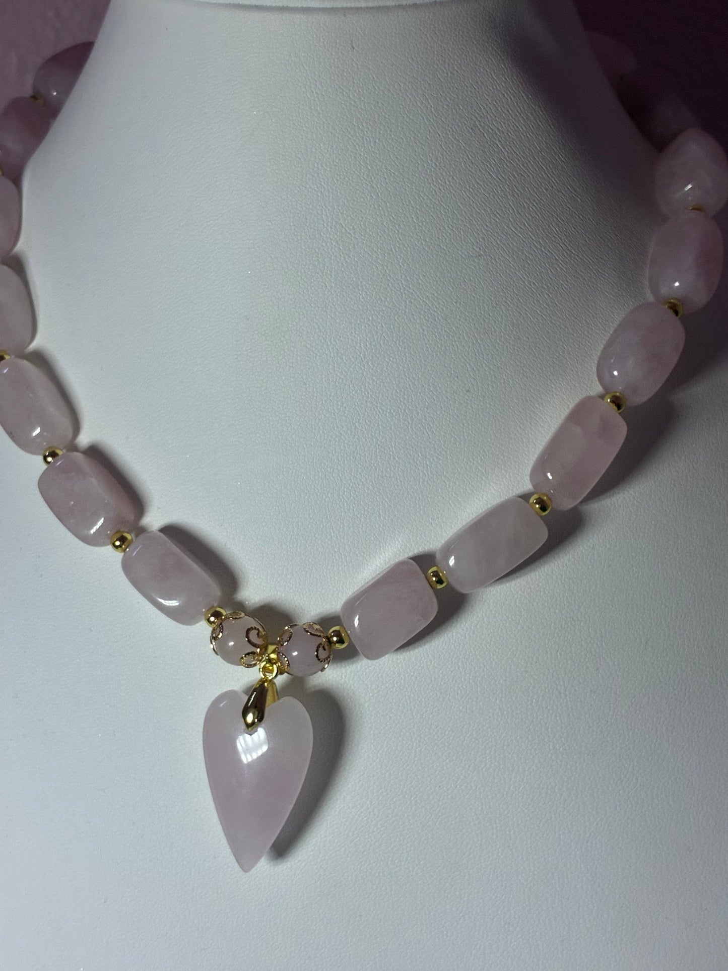 Rose Quartz Chunky Nugget & 18k Gold Necklace with Heart Charm