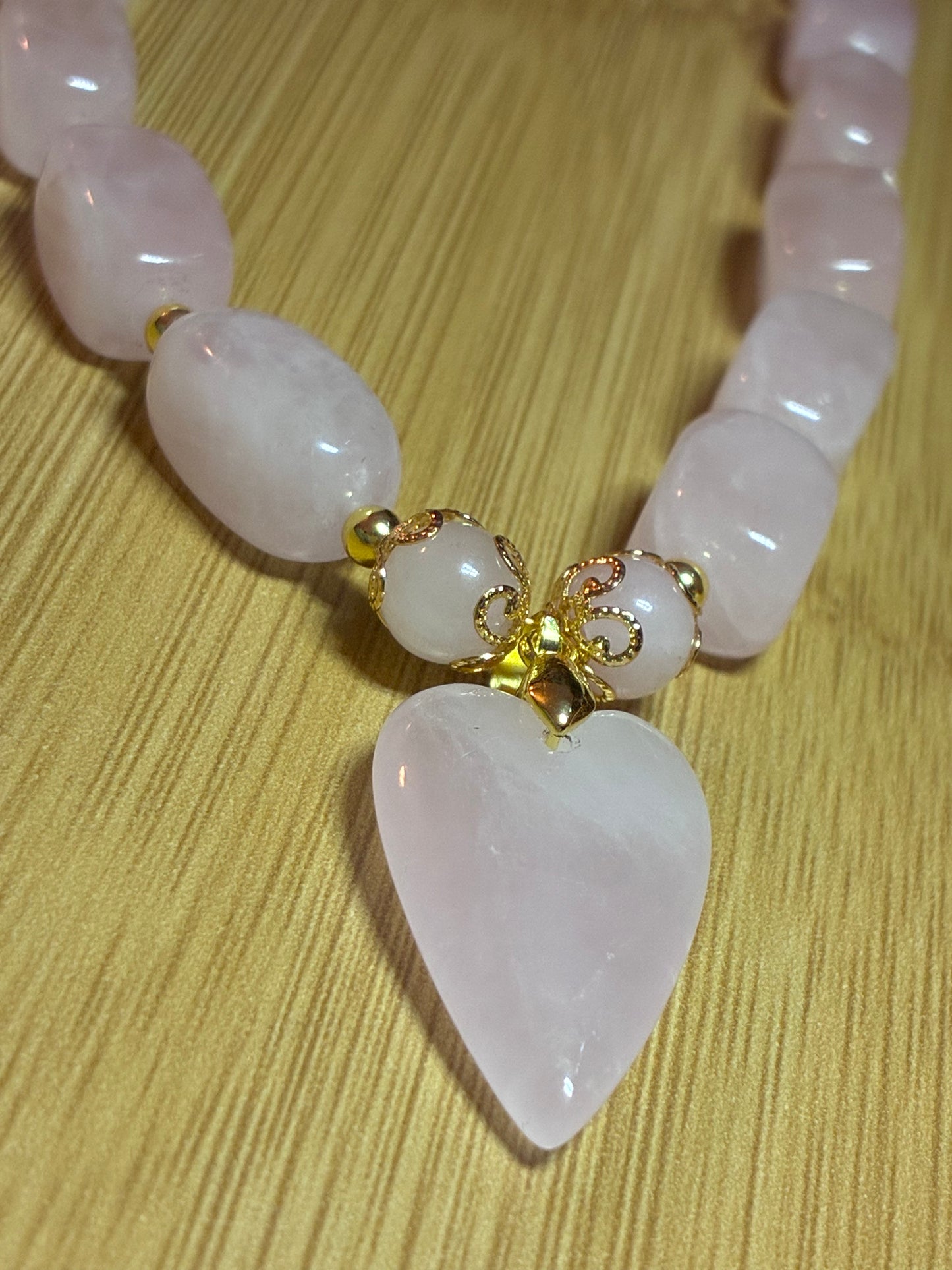 Rose Quartz Chunky Nugget & 18k Gold Necklace with Heart Charm
